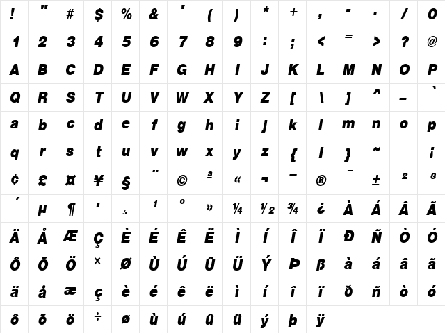 SansCondBlack Oblique Character Map SansCondBlack Oblique Character Map