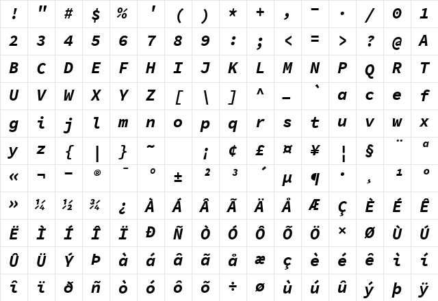 SauceCodePro NF Bold Italic Character Map