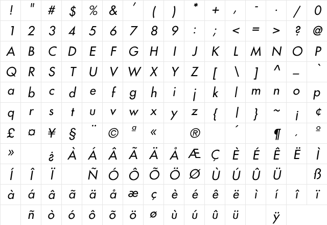Narragansette Italic Regular Character Map