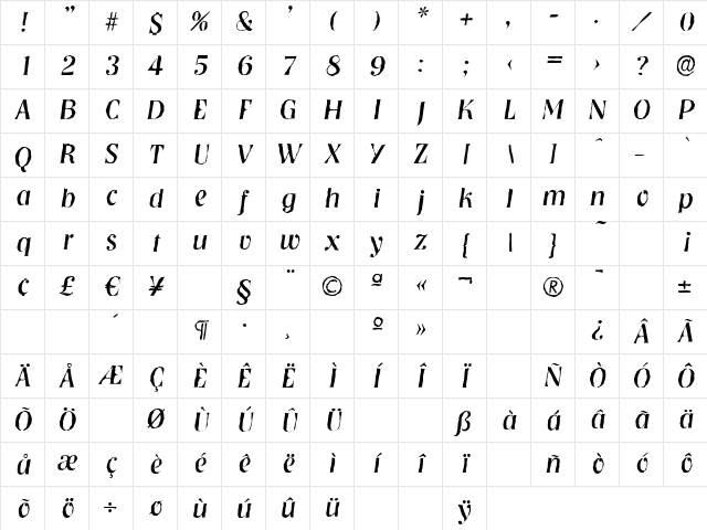 NashvilleAntique Italic Character Map