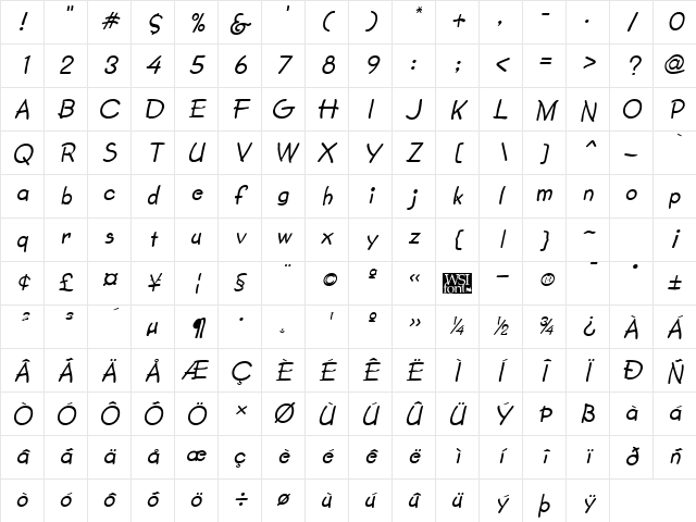SecondGrader Italic Character Map