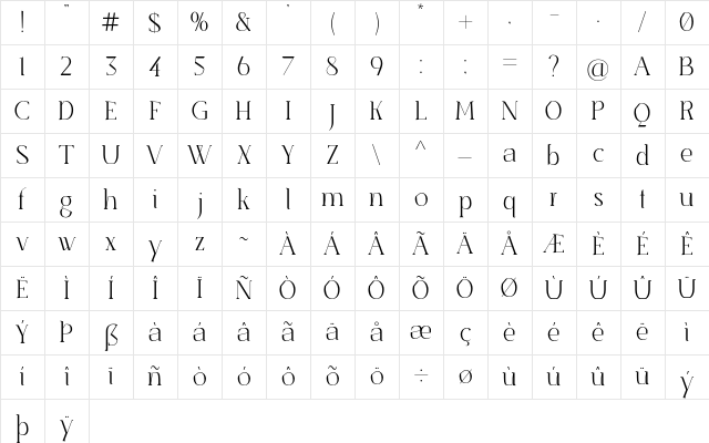 SenzaBella Thin Character Map SenzaBella Thin Character Map