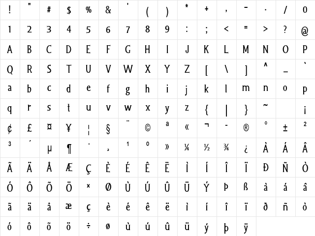 Seraph Condensed Bold Character Map