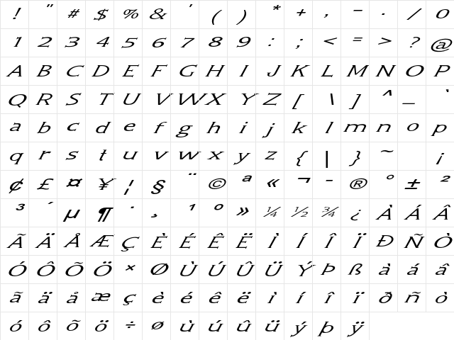 Seraph Extra-expanded Italic Character Map