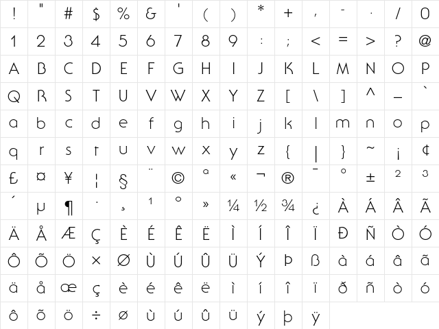 ITC Serif Gothic Light Character Map