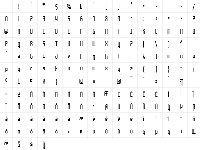 SF Chrome Fenders Condensed Regular Character Map