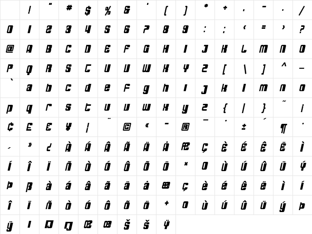 SF DecoTechno Bold Oblique Character Map