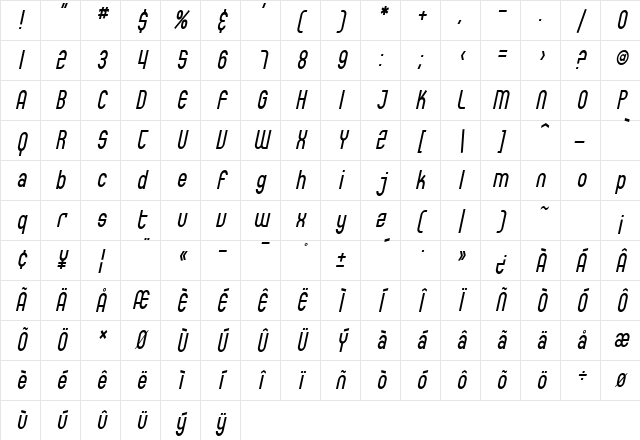SF Eccentric Opus Condensed Oblique Character Map