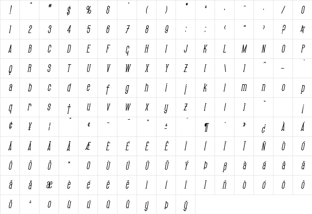 SF Gothican Condensed Bold Oblique Character Map