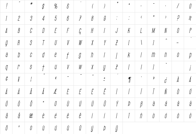 SF Gothican Condensed Oblique Character Map