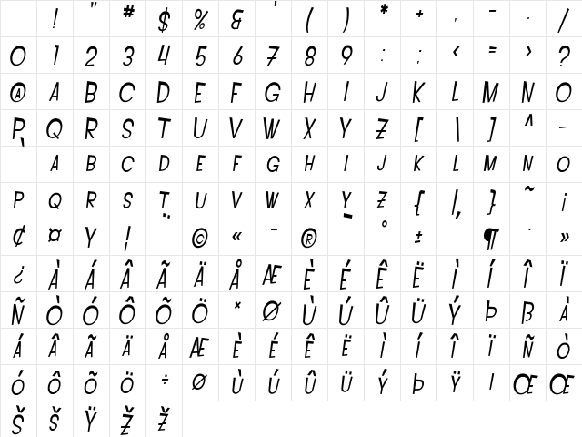 SF Intoxicated Blues Extended Oblique Character Map SF Intoxicated Blues Extended Oblique Character Map
