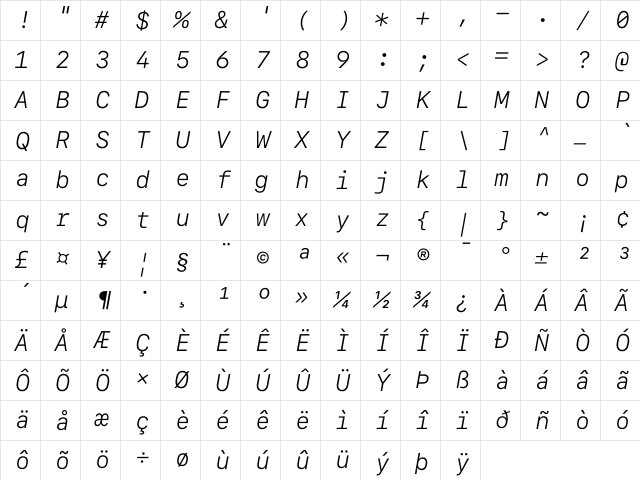 SF Mono Light Italic Character Map