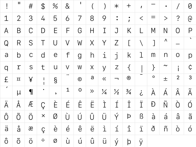 SF Mono Light Character Map