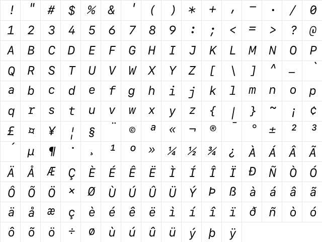 SF Mono Regular Italic Character Map