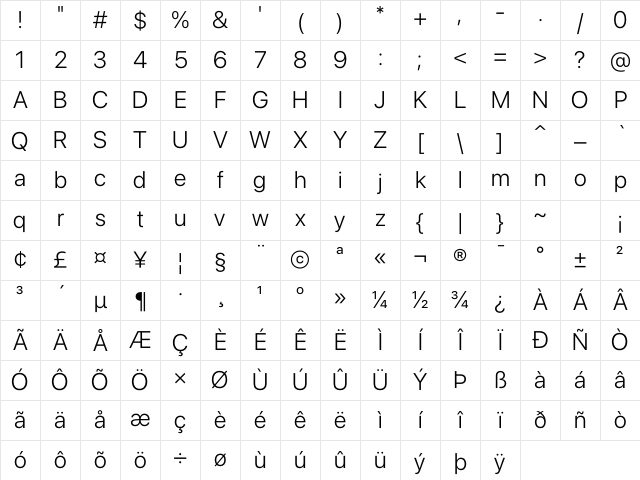 SF Pro Display Light Character Map