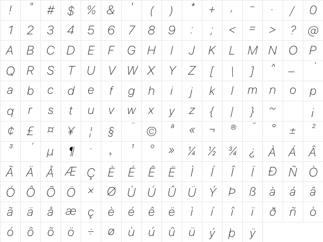 SF Pro Display Thin Italic Character Map