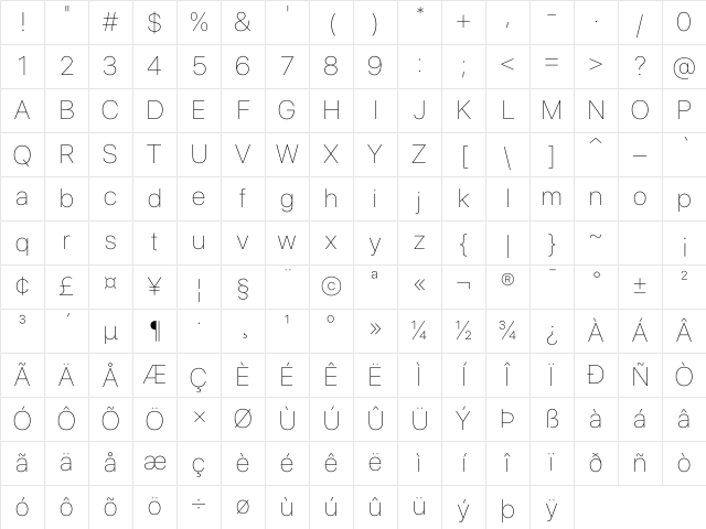 SF Pro Display Ultralight Character Map