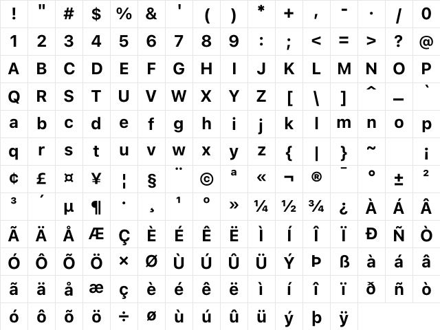 SF Pro Text Bold Character Map