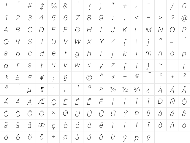 SF Pro Text Thin Italic Character Map
