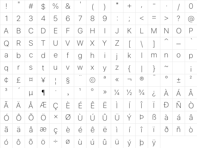 SF Pro Text Thin Character Map