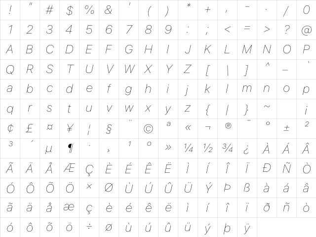 SF Pro Text Ultralight Italic Character Map