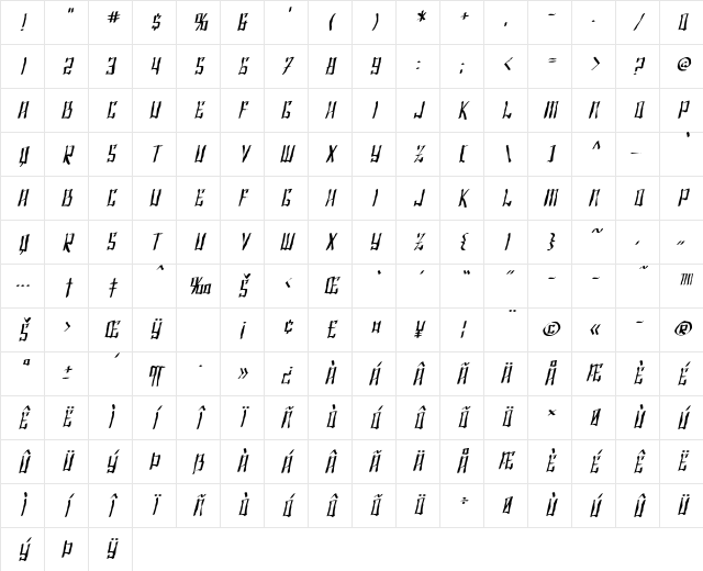 SF Shai Fontai Distressed Oblique Character Map