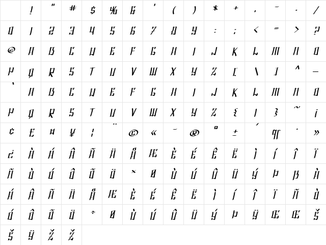 SF Shai Fontai Extended Oblique Character Map