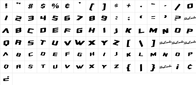SF Zero Gravity Italic Character Map