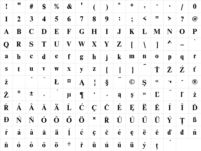 NimbusRomDEE Bold Character Map