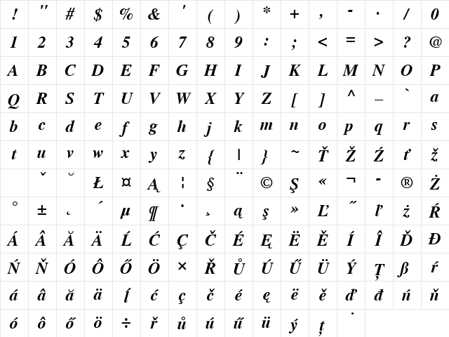 NimbusRomNo9LEE Bold Italic Character Map