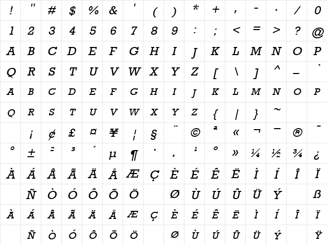 ShakewellExpert Oblique Character Map
