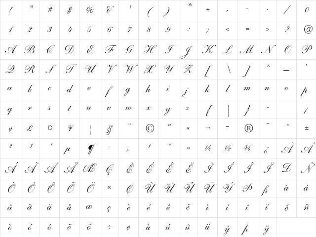 Shelley Script LT Std Regular Character Map