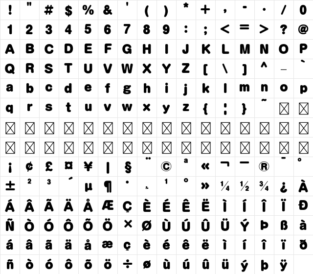 A-OTF Shin Maru Go Pro U Character Map