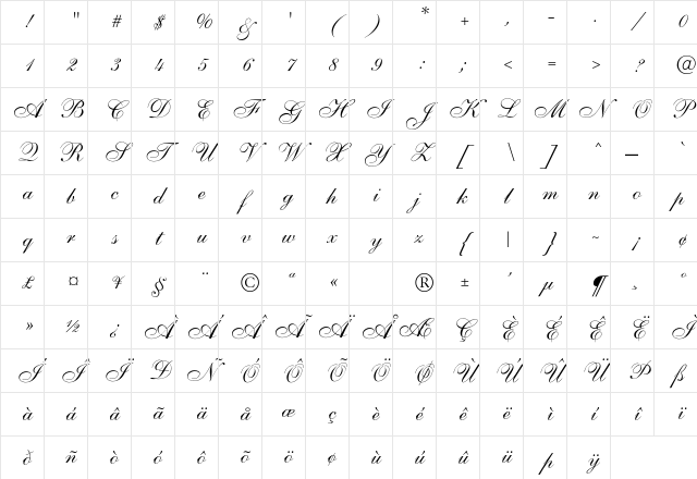 Shelley-AllegroScript Regular Character Map Shelley-AllegroScript Regular Character Map