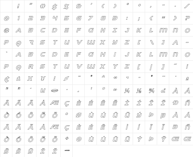 Singapore Sling Outline Italic Character Map