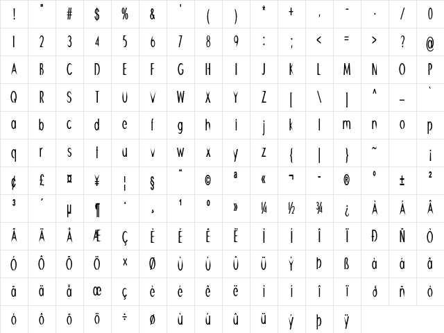 Skewer Extra-condensed Bold Character Map
