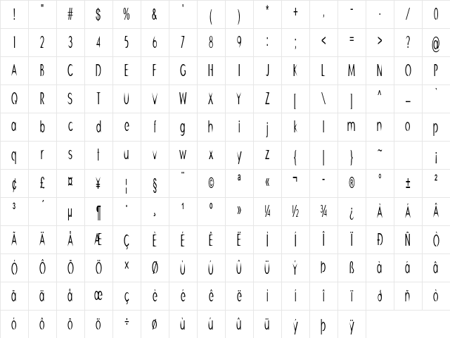 Skewer Extra-condensed Regular Character Map