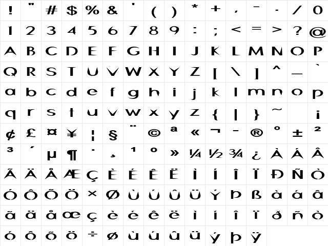 Skewer Extra-expanded Bold Character Map