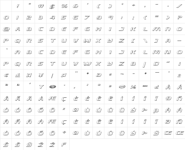 Sky Marshal 3D Italic Character Map Sky Marshal 3D Italic Character Map