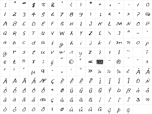 SkylersHand Regular Character Map