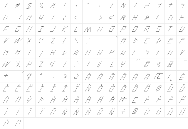 slanted ITALIC shift Light Character Map