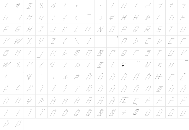 slanted ITALIC shift Thin Character Map
