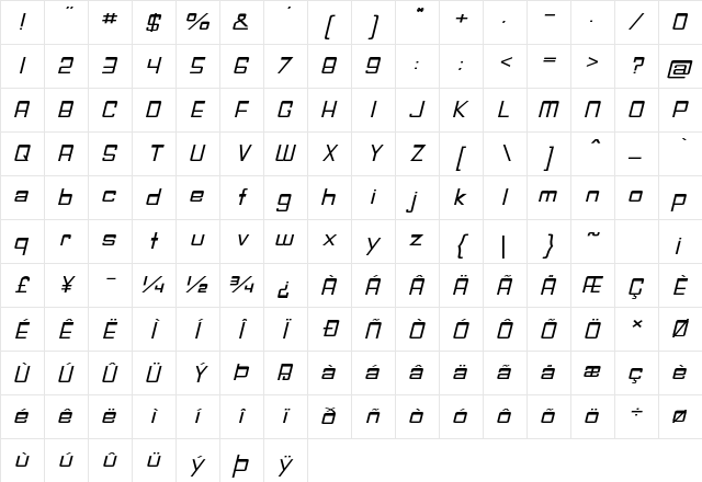 Slump Expanded Italic Character Map