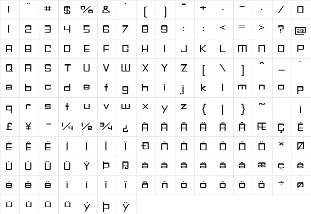 Slump Extra-expanded Regular Character Map Slump Extra-expanded Regular Character Map