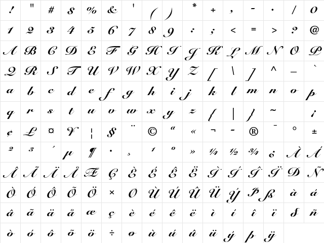 Snell Roundhand LT Std Black Script Character Map