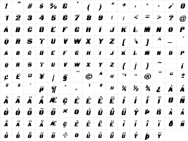 Snow Caps-Extended Italic Character Map