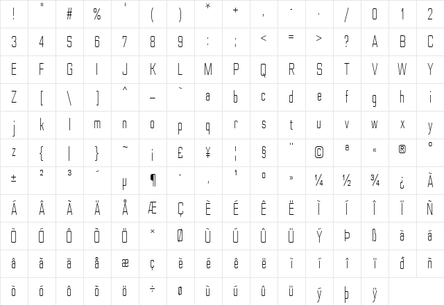 Nesobrite Condensed Light Character Map