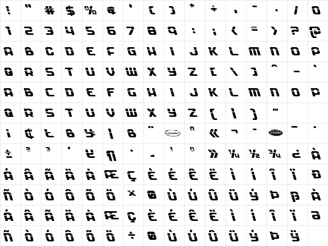 Soldier Laser Leftalic Italic Character Map