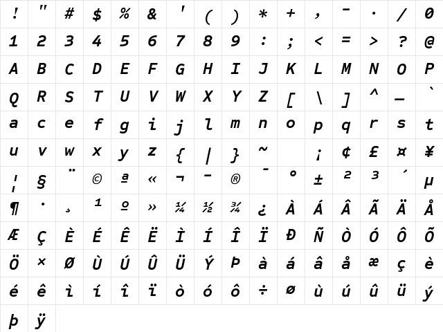 Sometype Mono Bold Italic Character Map Sometype Mono Bold Italic Character Map