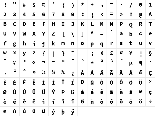 Source Code Pro Bold Character Map